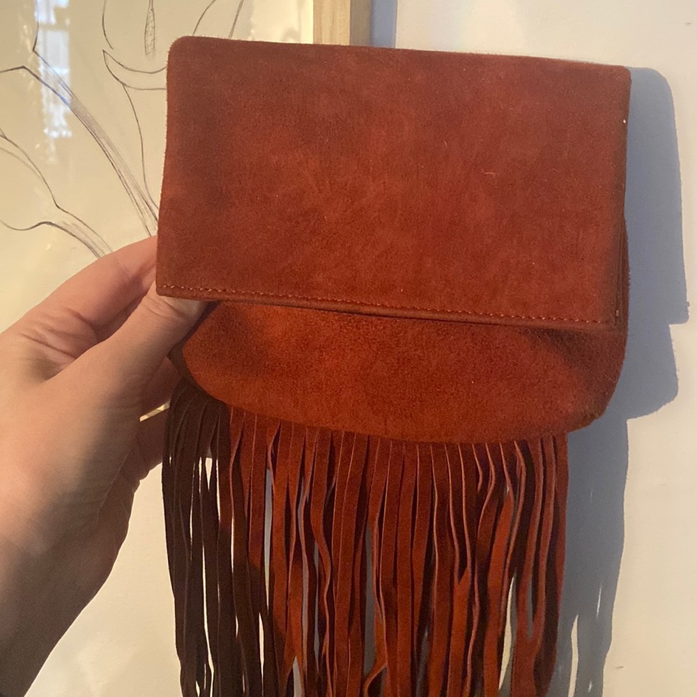 KM suede mini fringe purse
